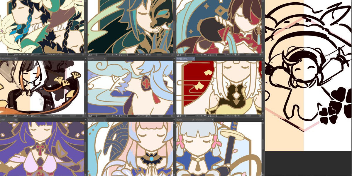 getting close to the end!!!!! 

here's some sneak peeks / wips of genshin pins i've been (slowly) working on ;v; 