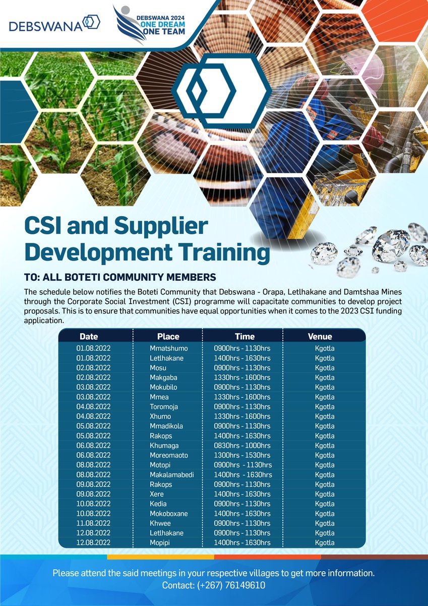 CSI AND SUPPLIER DEVELOPMENT TRAINING 

Through our Corporate Social Investment programme, Orapa, Letlhakane and Damtshaa Mines is embarking on a capacity building training in Boteti to assist communities to develop project proposals in readiness for the 2023 CSI funding.