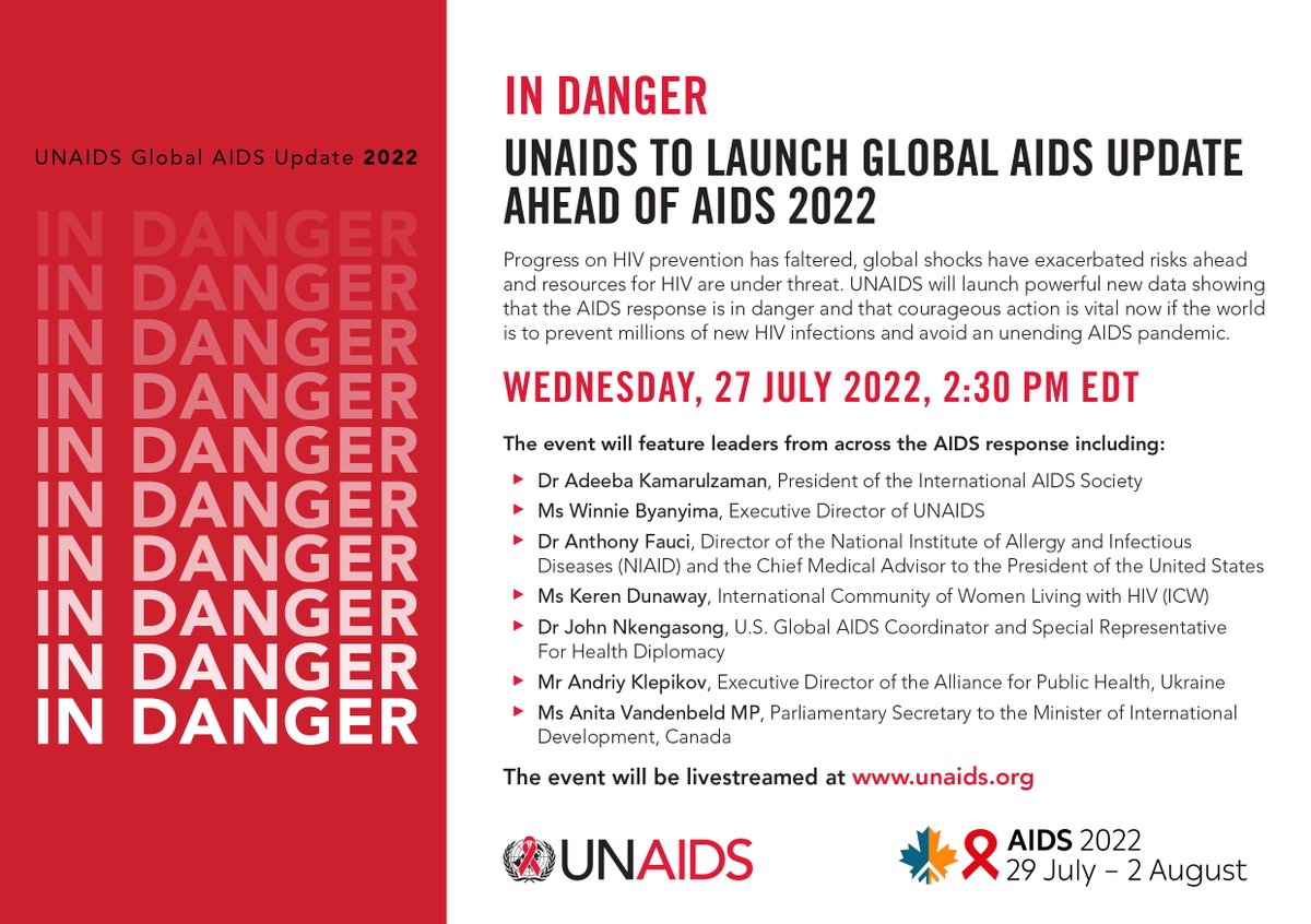 UNAIDS Global (@unaids) on Twitter photo The global HIV response is in danger. How do we get back on track?
Join us today at 2:30 PM EDT for the launch of the Global AIDS Update 2022!
Speakers include <a href="/Winnie_Byanyima/">Winnie Byanyima</a>, <a href="/AndriyKlepikov/">Andriy Klepikov</a>, <a href="/anitavandenbeld/">Anita Vandenbeld</a>, Anthony Fauci, <a href="/JNkengasong/">John Nkengasong</a>, @KerenDunaway and <a href="/ProfAdeeba/">Adeeba Kamarulzaman</a>. The global HIV response is in danger. How do we get back on track?
Join us today at 2:30 PM EDT for the launch of the Global AIDS Update 2022!
Speakers include <a href="/Winnie_Byanyima/">Winnie Byanyima</a>, <a href="/AndriyKlepikov/">Andriy Klepikov</a>, <a href="/anitavandenbeld/">Anita Vandenbeld</a>, Anthony Fauci, <a href="/JNkengasong/">John Nkengasong</a>, @KerenDunaway and <a href="/ProfAdeeba/">Adeeba Kamarulzaman</a>.