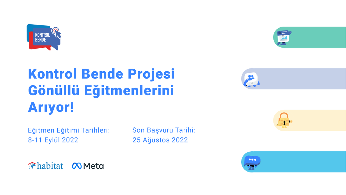 #KontrolBende Projesi #gönüllü eğitmenlerini arıyor!

Siz de #siberzorbalık ve #çevrimiçigüvenlik güvenlik konularında insanları bilinçlendirmek istiyorsanız, hemen başvurun.

📅 Eğitim Tarihleri: 8-11 Eylül 2022

📣 Son Başvuru Tarihi: 25 Ağustos 2022 saat 23.59