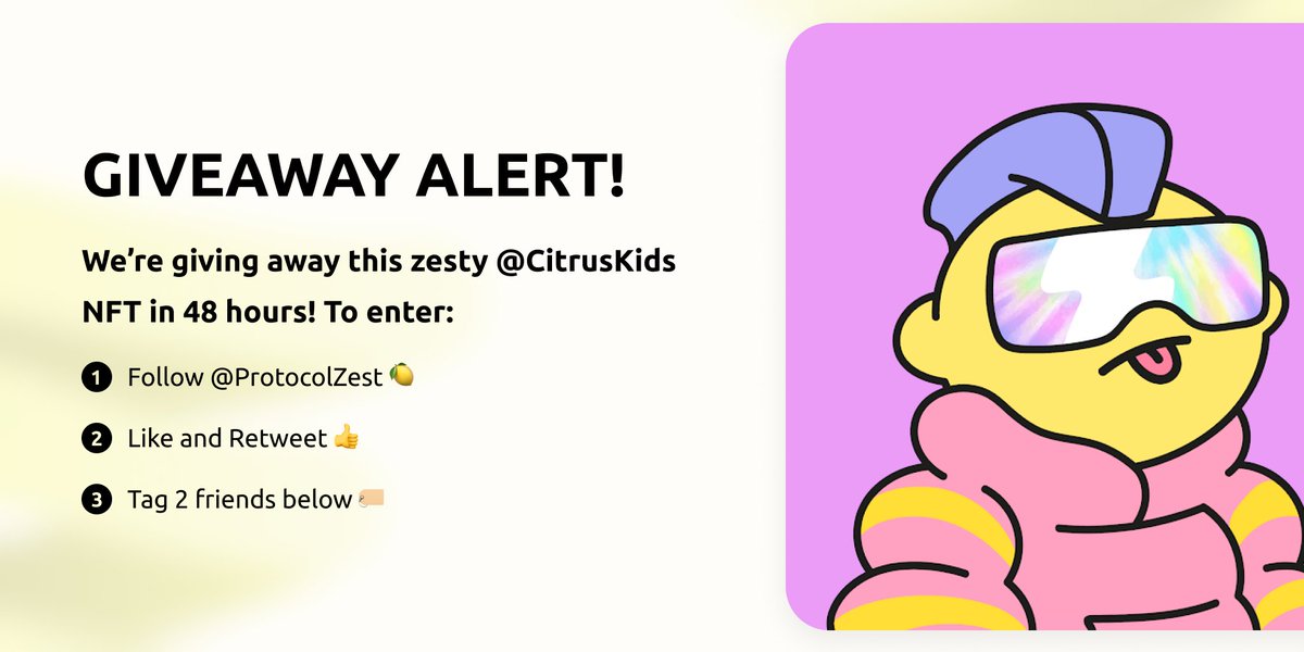 To celebrate the launch of #ETHz this week we're giving away this zesty <a href="/citruskidsnft/">Citrus Kids 🍊🍋</a> ! To enter:

1) Follow <a href="/ProtocolZest/">Zest Protocol</a>🍋
2) Like and Retweet this post 👍
3) Tag 2 friends below 🏷

#NFTCommunity #NFTGiveaway #NFTDrop #FTM  #Giveaway #Crypto #Fantom $FTM