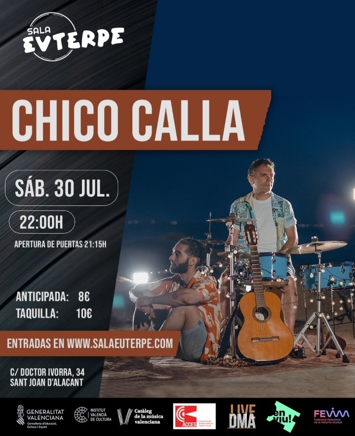 LoBlanc_cultura's tweet photo. Chico Calla la nueva banda alicantina hace su debut este sábado en Sala Euterpe https://t.co/ELrmCjSLHz.    

#LOBLANC #CulturaContigo #CulturaConmigo #CompartimosCulturaContigo https://t.co/kKgnghCY4c