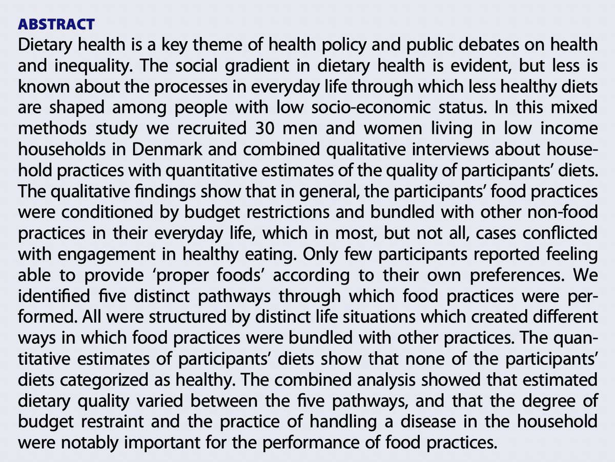 CPHjournal's tweet image. Pathways of less healthy diets. An investigation of the everyday food practices of men and women in low income households by @KiaDitlevsen, @bente_halkier &amp;amp; @HolmLoho doi.org/10.1080/095815…