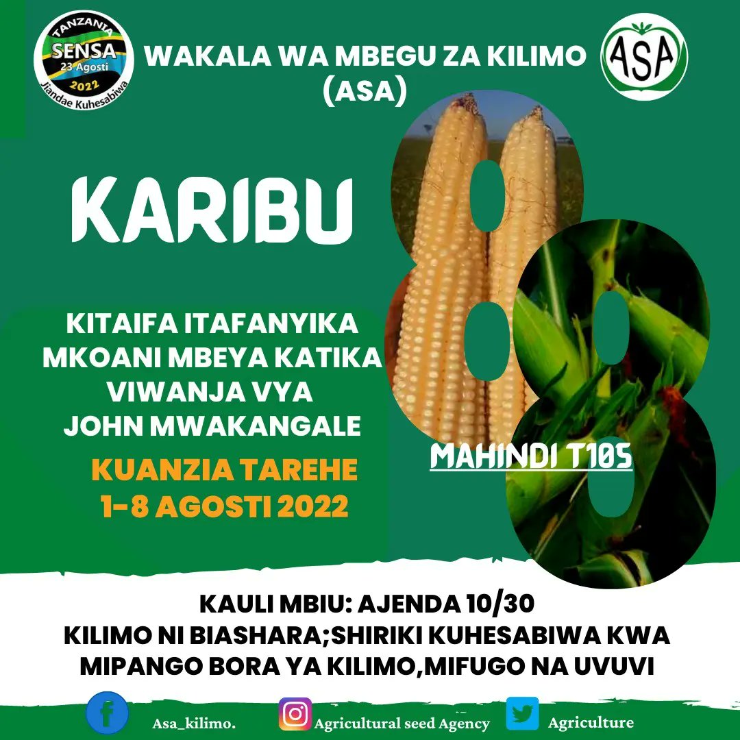 ASA_KILIMO's tweet photo. Karibuni kwenye maonesho ya nane nane kitaifa Mkoani Mbeya.

Pia tutakuwepo katika Mikoa ya Tabora, Morogoro,Dodoma na Arusha. https://t.co/Bh0iQR66Fz