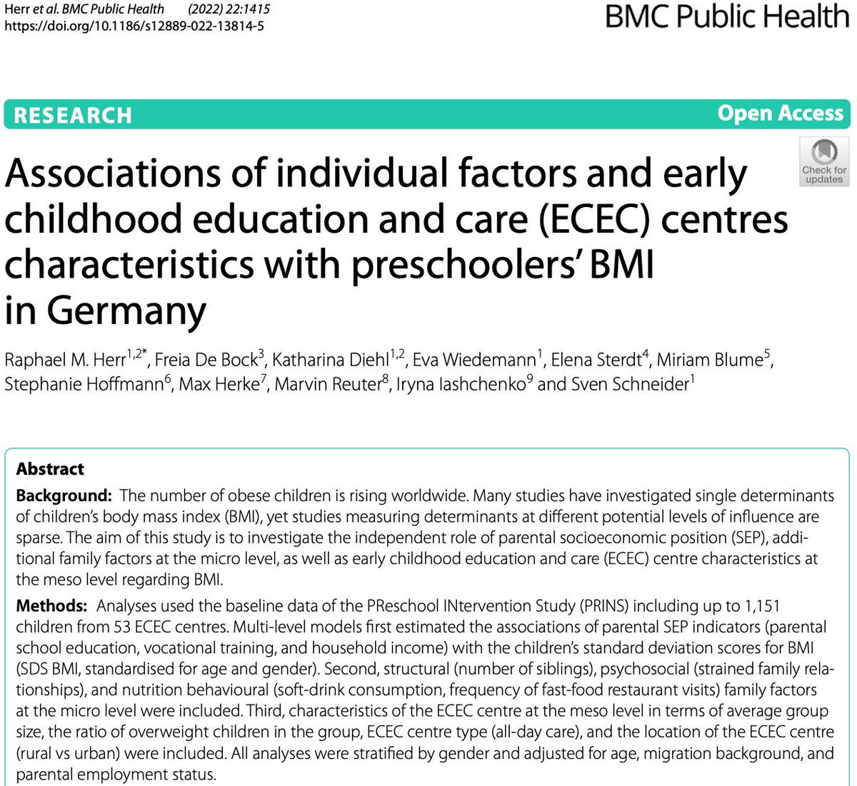📰Early childhood education and care (ECEC) center  characteristics, like neighbourhood or group size, have an independent association with preschoolers’ Body Mass Index!

The evidence is summarised in our newest publication, published <a href="/BioMedCentral/">BMC</a>:  doi.org/10.1186/s12889…