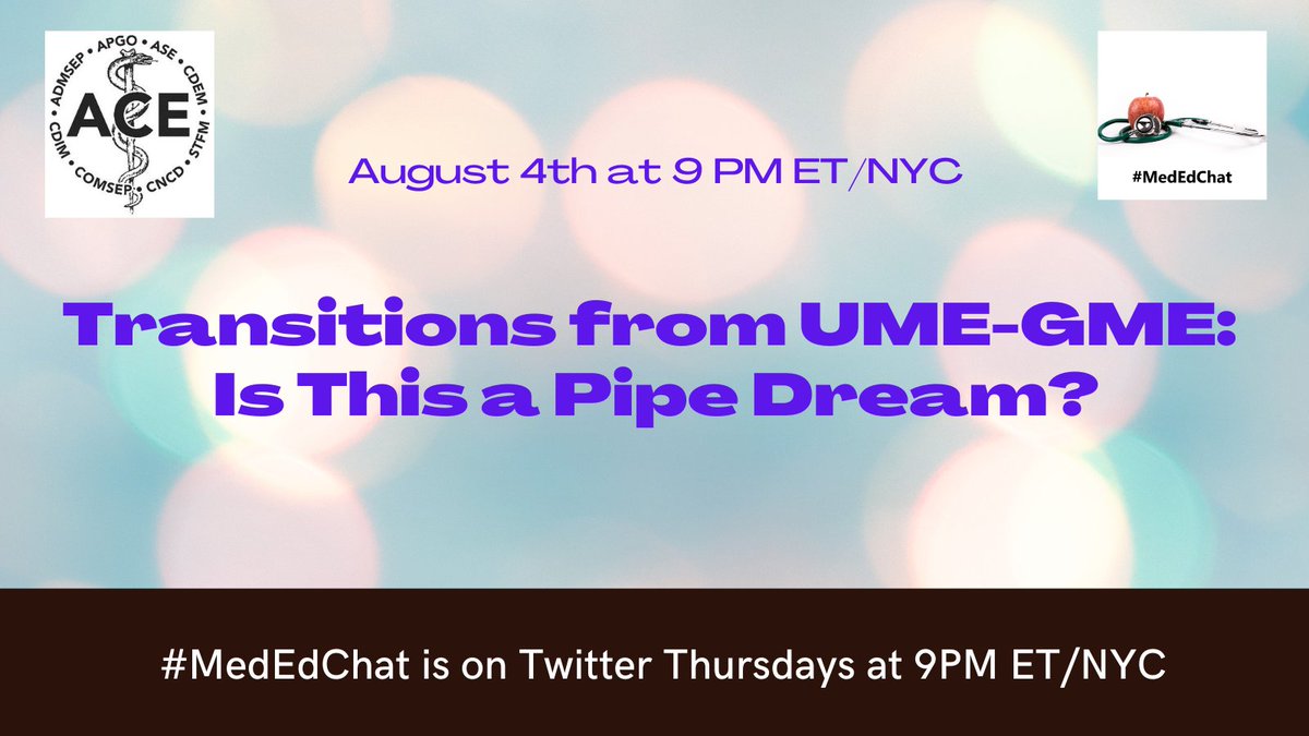 Clinical educators! Here's your chance to talk about the challenges of the transition from #UME to #GME!  

Join #MedEdChat August 4th at 9 PM ET/NYC to discuss!

<a href="/AAIMOnline/">AAIM</a> <a href="/SAEMonline/">SAEM</a> <a href="/Surg_Education/">Association for Surgical Education</a> <a href="/admsep/">ADMSEP</a> <a href="/COMSEPediatrics/">COMSEP</a> <a href="/apgonews/">APGO News</a> <a href="/STFM_FM/">STFM</a>