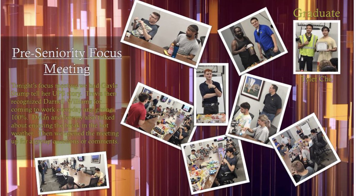 Todays focus group meeting we congratulated Tyler for gaining seniority! PT supervisor Gayle talked about her experience starting out at UPS and how she appreciates the inclusivity of our company and that everyone gets treated equally.  #graduation #focusgroup  <a href="/Courtneybarham4/">Courtney barham</a>