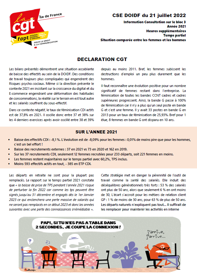 CgtTelecomParis's tweet photo. #Orange #DOIDF #CSEDOIDF
Déclaration CGT sur l'emploi, l'égalité entre les femmes et les hommes, les heures supplémentaires et les temps partiels.
https://t.co/CaRho3xBGW https://t.co/adxLPbFbo4