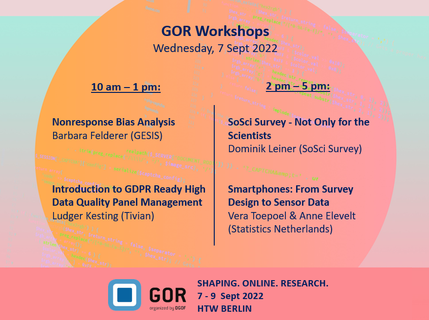 To kick off #GOR22 on 7 Sept, we offer a variety of #workshops on exciting topics related to #onlineresearch! 🤓

Save your seat at gor.de !

Workshops can be booked independently of a GOR ticket!