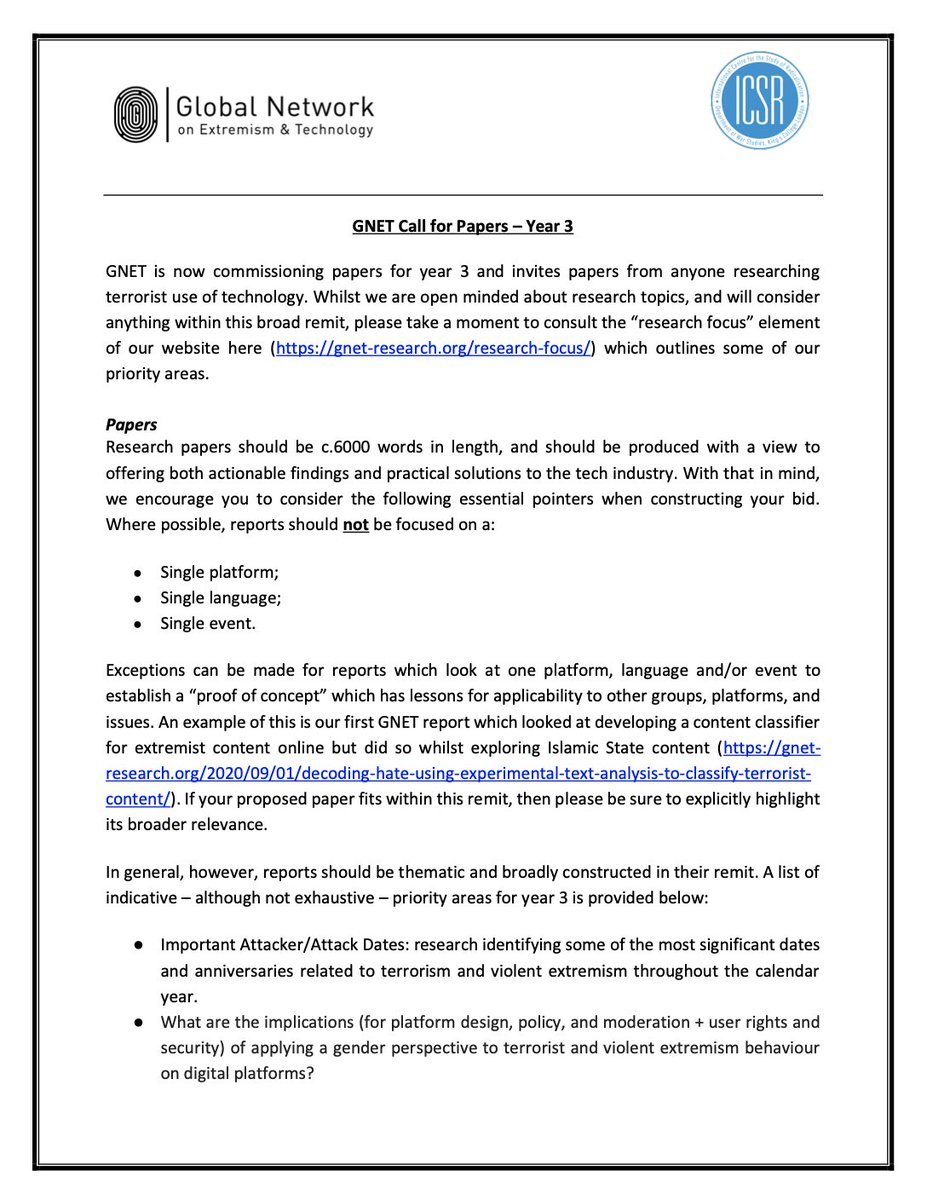 🚨 GNET's call for paper proposals ends soon 🚨

Have an idea for an innovative article on #extremism, #terrorism, #gaming, #gender, #tech, or #mentalhealth? 

Submit an abstract &amp; let me know  
Details here 👇

#AcademicChatter #AcademicTwitter <a href="/GNET_research/">GNET</a>  #GIFCTSummit22