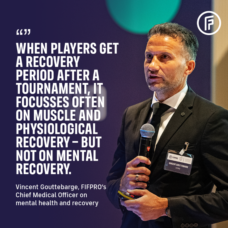 FIFPRO's tweet photo. 😨 Ever heard of post-tournament blues?

#FIFPRO’s CMO @VGouttebarge introduces the phenomenon, and why a holistic view of recovery is central to the #DrakeFootballStudy, tracking the health of footballers over 10 years.

@TheDrakeFdn | @PushBraces | @MehilainenOy | @AmsterdamUMC