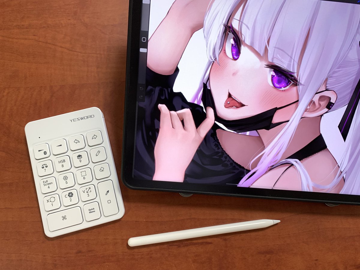KOEH_illust's tweet photo. Procreate専用左手デバイス「YESWORD」を日本公式様よりご提供いただき使ってみました!
・スポイトが楽になる
・軽いしコードレスで持ち運べる
特にスポイトは厚塗り寄りな作業にすごく使いやすい! 使いこなせば作業効率あがりそうです、Procreate民の方ぜひ! https://t.co/fmJtUIgIUK