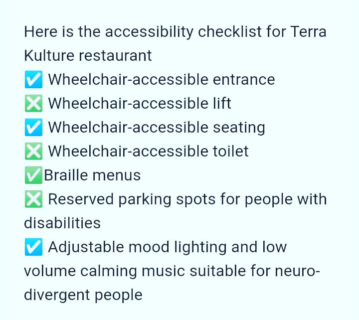 OneAccessiblity's tweet photo. Terra Kulture is credited with the first restaurant in Lagos with braille menu. ~ @emekaulor (link in bio)
#accessiblerestaurant #oneaccessibility #accessibledesign #localguidesconnect https://t.co/pngb1im6Oj