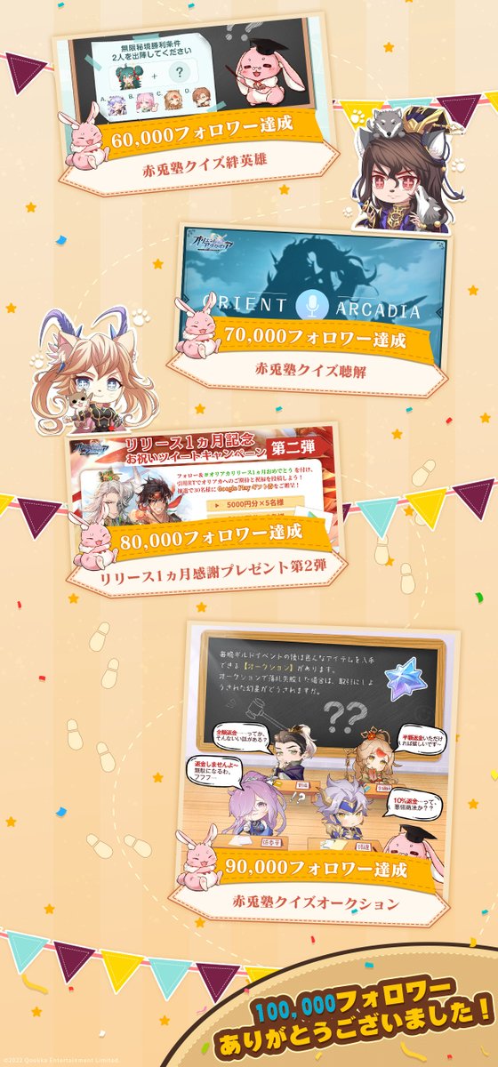 Oriaka_jp's tweet photo. 🎉フォロワー10万人突破🎉
城主様のおかげで #オリアカ の輪が広がりました！🤝
感謝の気持ちを込めてプレゼントを用意しています🎁
共に歩んだ軌跡を振り返りましょう🥰

さらに、15万人突破時に期待するアイコンを引用RTで投稿すると、抽選で #アマギフ が当たるチャンス✨

詳細はコメント欄にて✅ https://t.co/IIfXUpULWr
