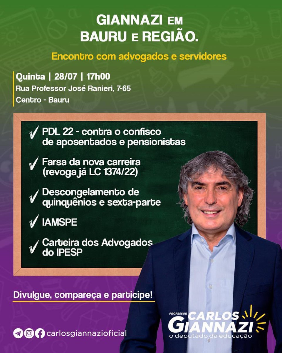 carlosgiannazi's tweet photo. Estarei em Bauru amanhã (28/07) em uma roda de conversa com servidores e advogados da região, para debater sobre o confisco das aposentadorias e pensões, #IPESP, descongelamento de quinquênios e sexta-parte, #PDL22, #IAMSPE e muito mais.
Quinta-feira (28/07) às 17h
Nos vemos lá? https://t.co/TG3hJQduoQ