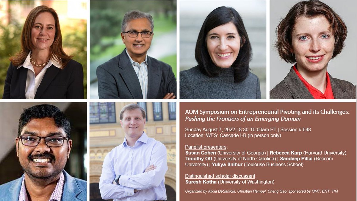 Alicia DeSantola (@aliciadesantola) on Twitter photo Countdown to our 8/7 <a href="/AOMConnect/">Academy of Management</a> live showcase symposium on entrepreneurial pivoting! Join Susan Cohen (<a href="/susleec/">Susan Cohen</a>), Suresh Kotha (<a href="/skotha/">Suresh Kotha</a>), Tim Ott (@TimothyEOtt), Rebecca Karp, Sandeep Pillai, & Yuliya Snihur at 8:30 for a fascinating discussion on this emerging research domain. Countdown to our 8/7 <a href="/AOMConnect/">Academy of Management</a> live showcase symposium on entrepreneurial pivoting! Join Susan Cohen (<a href="/susleec/">Susan Cohen</a>), Suresh Kotha (<a href="/skotha/">Suresh Kotha</a>), Tim Ott (@TimothyEOtt), Rebecca Karp, Sandeep Pillai, & Yuliya Snihur at 8:30 for a fascinating discussion on this emerging research domain.