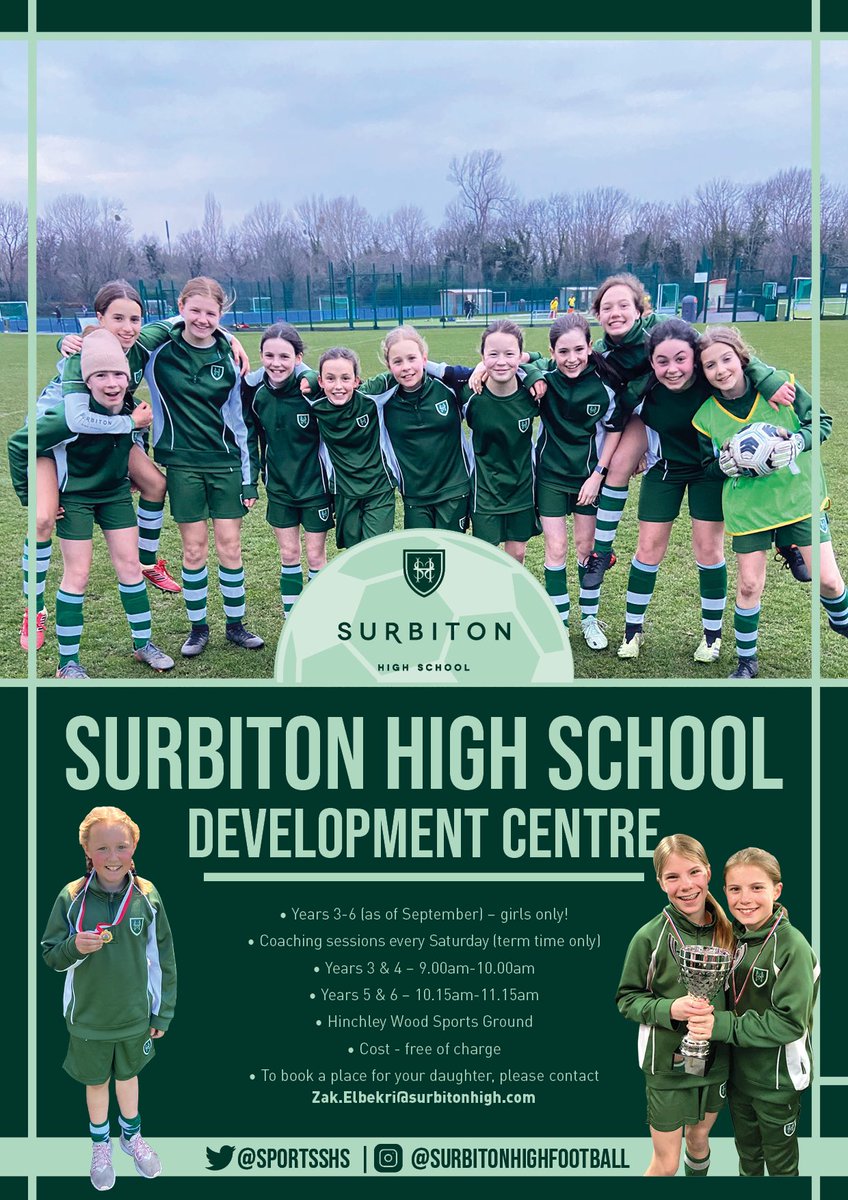 We are accepting places for our Development Centre. All future <a href="/EnglandFootball/">England Football</a> <a href="/Lionesses/">Lionesses</a> welcome! Open to everyone, including girls that don’t attend Surbiton, get in touch now to book your place! ⚽️ #SHSDevCentre #LetGirlsPlay