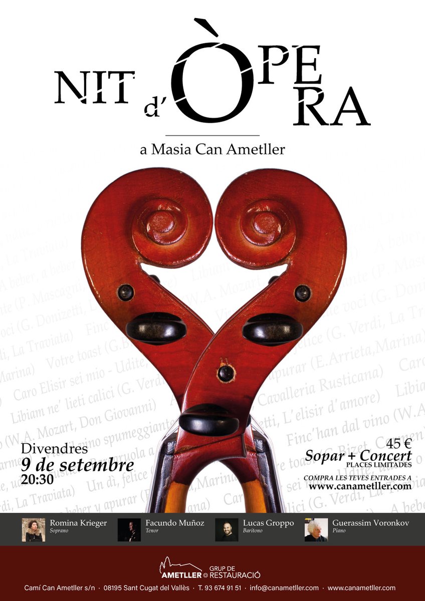 Nit d´Òpera a Masia Can Ametller! Acomiada l´Estiu amb un Sopar + Concert als nostres jardins! places Limitades! Compra la teva entrada a canametller.com