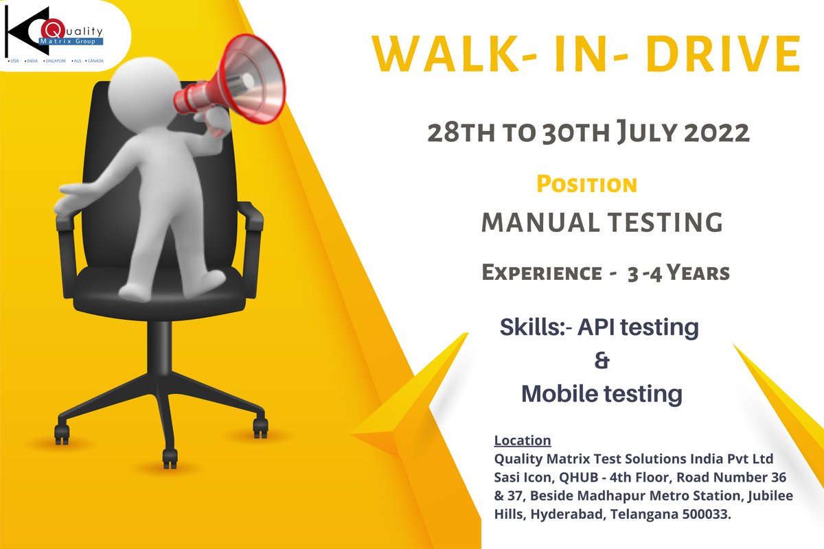 QualityMatrix's tweet photo. @QualityMatrix
Walk in a drive
from 28th 30th July 2022
Position: Manual testing
Skills: API testing and Mobile testing
Location: Quality Matrix, Hyderabad
#QualityMatrix #qualitymatrixinc #jobs2022 #jobalert #jobhunt #jobhiring #hyderabadjobs #hyderabadjobmela #hyderabadhiring https://t.co/NvgPzLcIh8