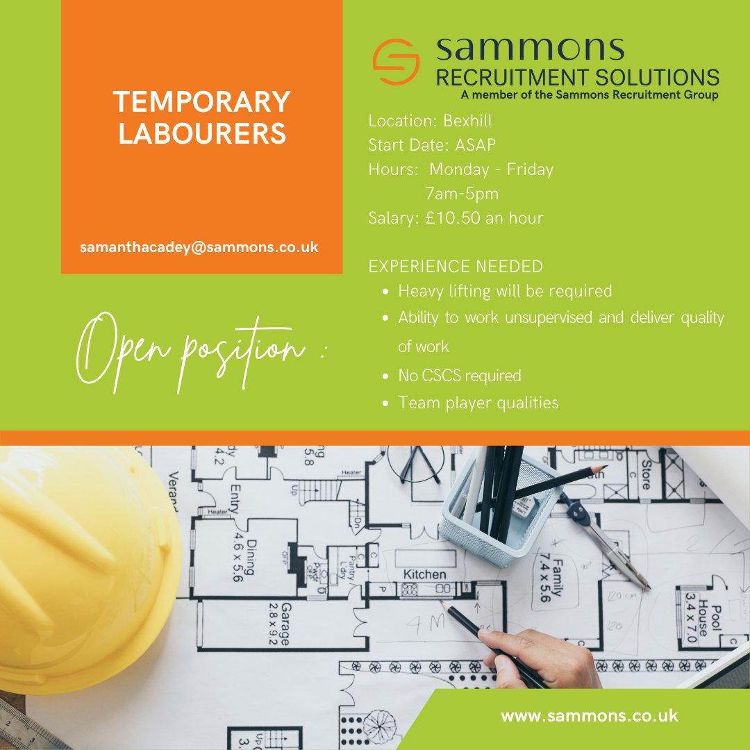 Sammons Recruitment Group (@sammonsgroup) on Twitter photo LIVE ROLE
A Temporary opportunity has come in today and we are currently recruiting two labourer's to assist our Client in Bexhill.
If you are interested in this position then please contact us on 01424 723723 or email samanthacadey@sammons.co.uk LIVE ROLE
A Temporary opportunity has come in today and we are currently recruiting two labourer's to assist our Client in Bexhill.
If you are interested in this position then please contact us on 01424 723723 or email samanthacadey@sammons.co.uk