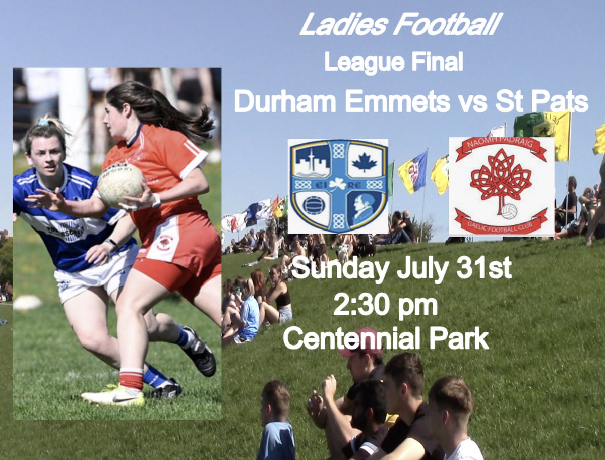 Just one game on the <a href="/Toronto_GAA/">Toronto GAA 🇨🇦🏐🇮🇪</a> schedule Sunday and it's a doozy. <a href="/StPatsToronto/">St.Pats GAA Toronto 🏐</a> vs <a href="/DurhamGFC/">Durham Robert Emmets</a>. Ladies Football League Final takes centre stage and rightfully so. 2:30 Centennial Park.