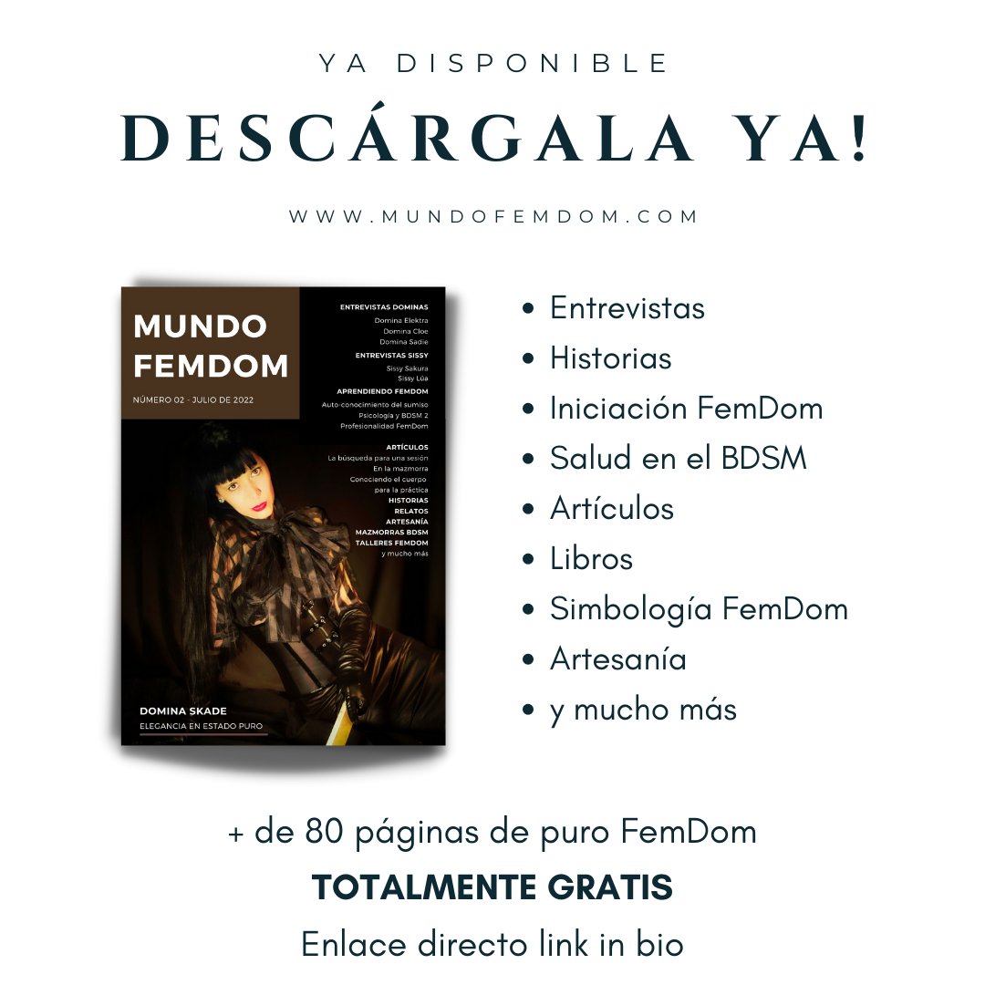 Ya puedes descargarte de forma totalmente GRATUITA el primer y segundo número de la Revista MundoFemDom en este enlace mundofemdom.com/revista/ + de 80 páginas cada una repletas de FemDom.