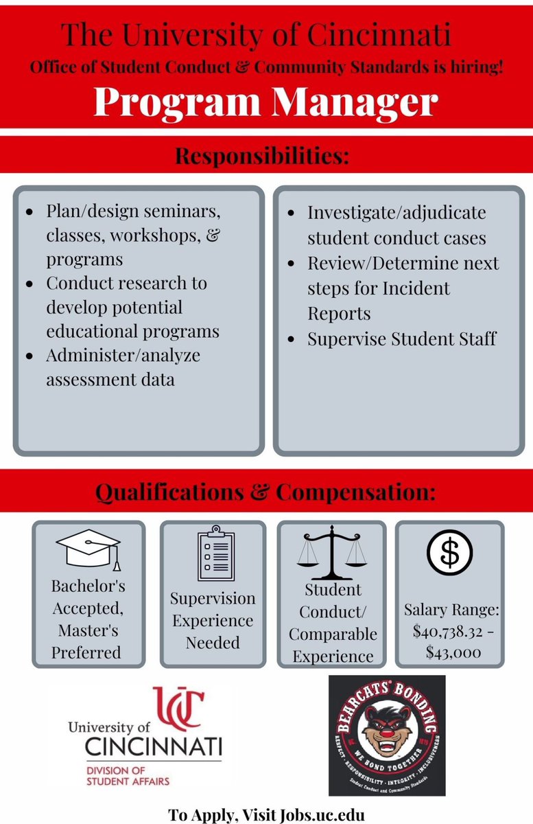 JRGuardiaPhD's tweet image. The @uofcincy Office of Student Conduct &amp;amp; Community Standards is seeking a Program Manager. Salary: $40,738-43K. For more info: jobs.uc.edu/job/Cincinnati… @StuAffUC @TheASCA