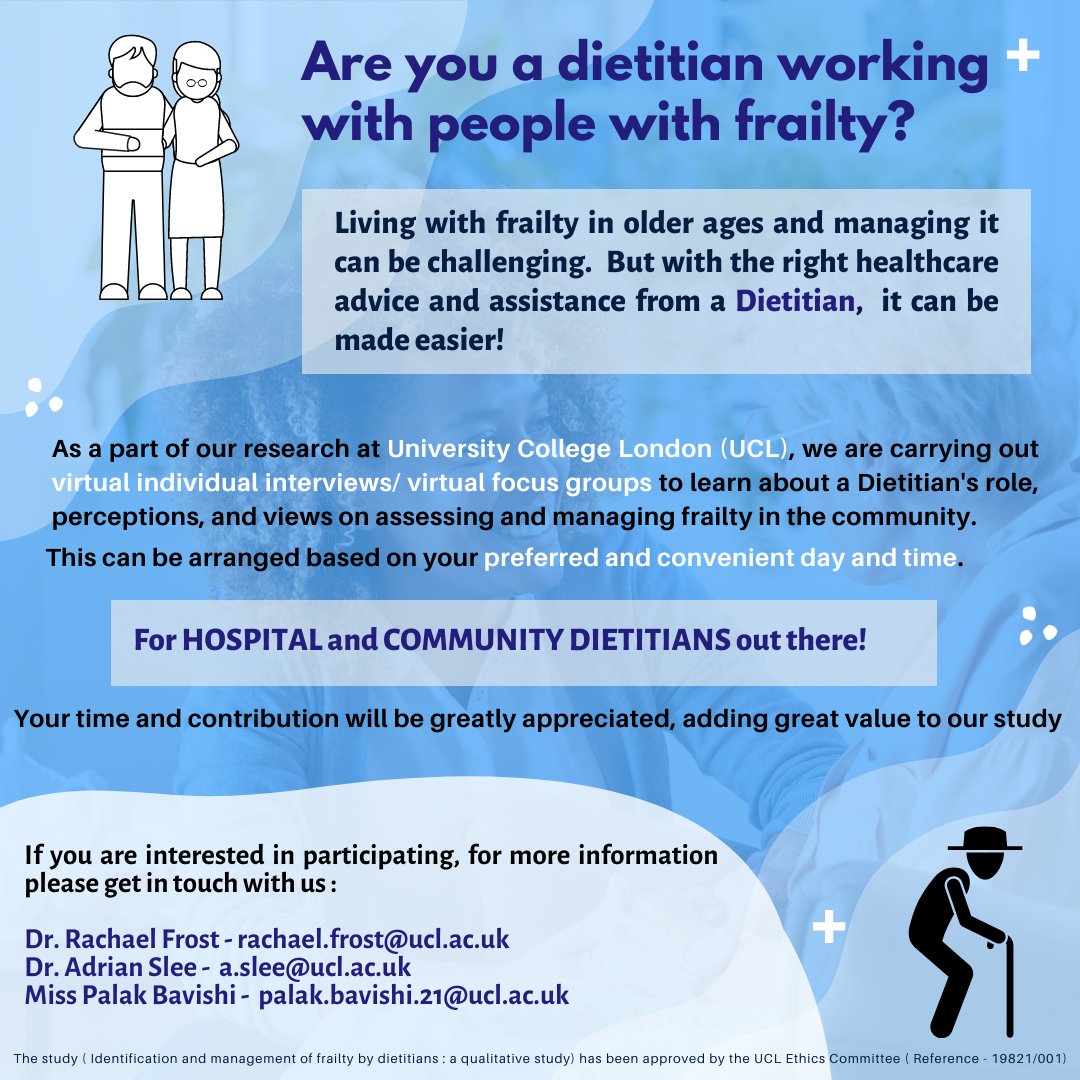 <a href="/BartsFrailty/">Barts Frailty</a> 
As a part of our research at UCL, we are looking for Dietitians who work with the identification and management of Frailty in the Older Population.If you know any Dietitian working with people with frailty, kindly share and pass on! Thank you😇