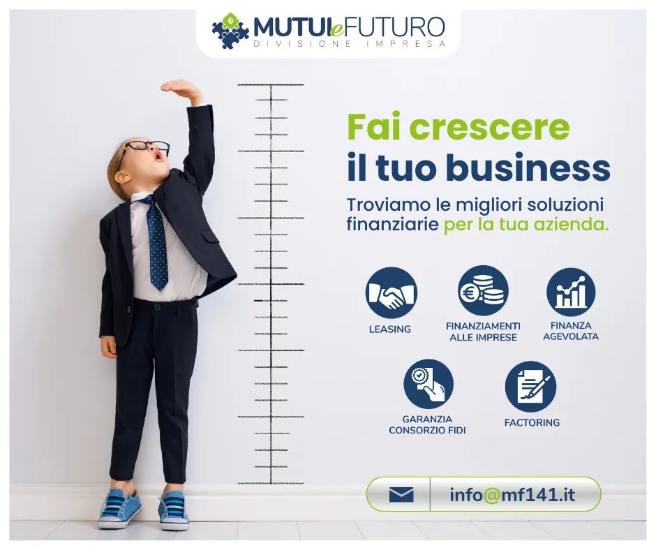 MutuieFuturo's tweet photo. FAI CRESCERE IL TUO BUSINESS

Noi di Mutui e Futuro divisione impresa, siamo in grado, grazie all'indiscutibile esperienza nel campo della mediazione creditizia dei nostri specialisti, di cercare e trovare le migliori soluzioni finanziarie per far crescere la tua azienda. https://t.co/33lE2cVCOu