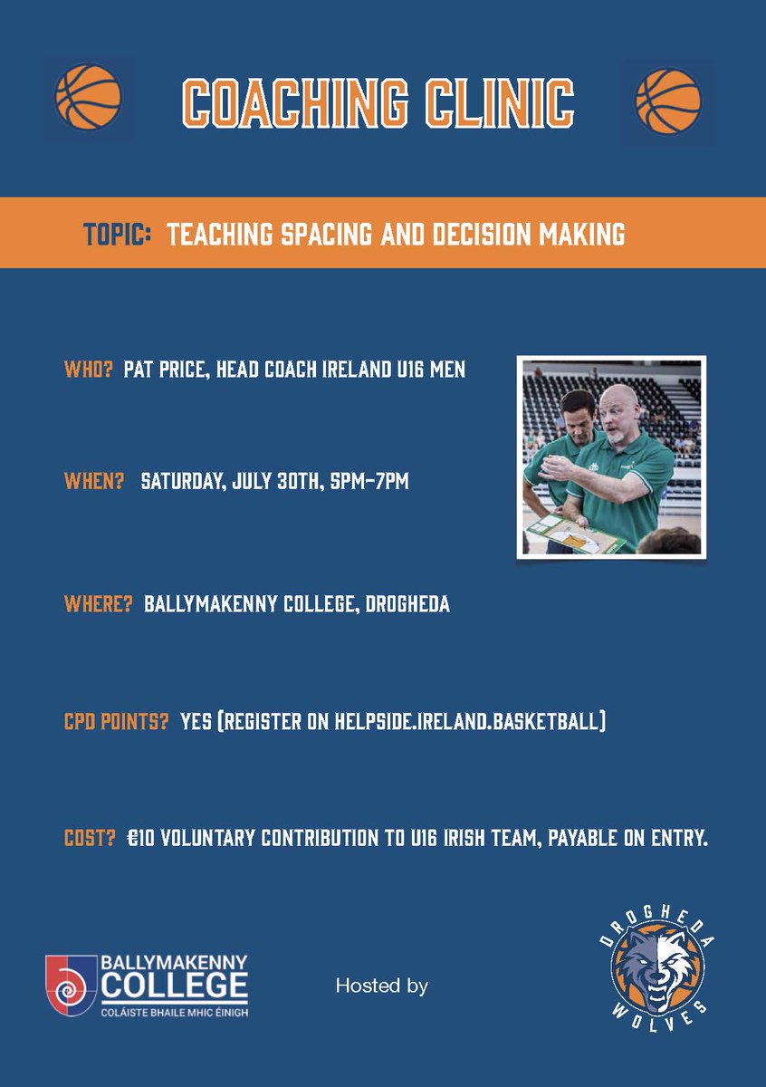 Upcoming coaching clinic with <a href="/patpricesports/">Pat Price</a> this weekend hosted by <a href="/WolvesDrogheda/">Wolves Basketball Club Drogheda</a> (150 CPD)

The clinic is a fundraiser for the <a href="/BballIrl/">Basketball Ireland</a> u18 mens basketball team.

50 places are available on a first come first served basis. Register now on Helpside 👇🏻

Helpside.ireland.basketball