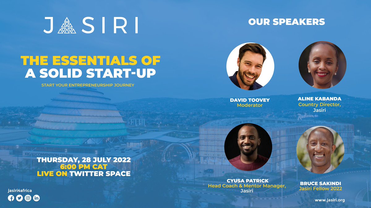 We are excited to bring you the Jasiri Essentials of a Solid Start-up! 
Happening this Thursday via Twitter Spaces x.com/i/spaces/1BRJj…, join our conversation moderated by <a href="/DavidToovey/">David Toovey</a> with our panelists <a href="/AlineKabanda/">Aline Kabanda</a>, <a href="/cyusa_k/">Cyusa</a>, and @BSakindi 

#Jasiri4Africa