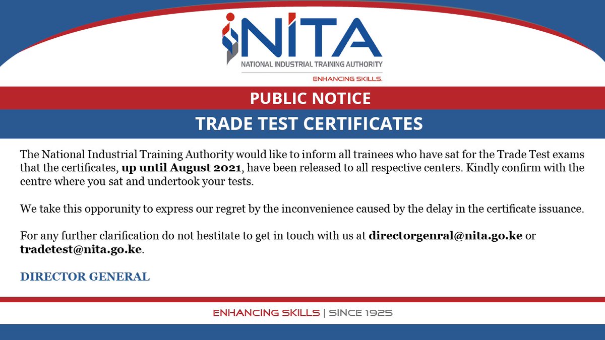 #ImportantPublicNotice #ReleaseofTradeTestCertificates #AssessmentandCertification #QualityIndustrialTraining #EnhancingSkillsSince1925 #Big4Agenda #Vision2030 #4thIndustrialRevolution #TheFutureofWork #DecentWork #SDGs @nita_kenya