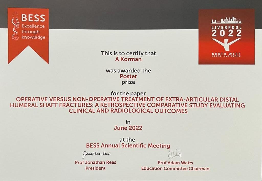 We are proud to announce that Mr Peter Domos' work with one of his trainees has won a first placed prize at the BESS conference in Liverpool. They were awarded the poster prize at this year's proceedings. Well done Peter 👏