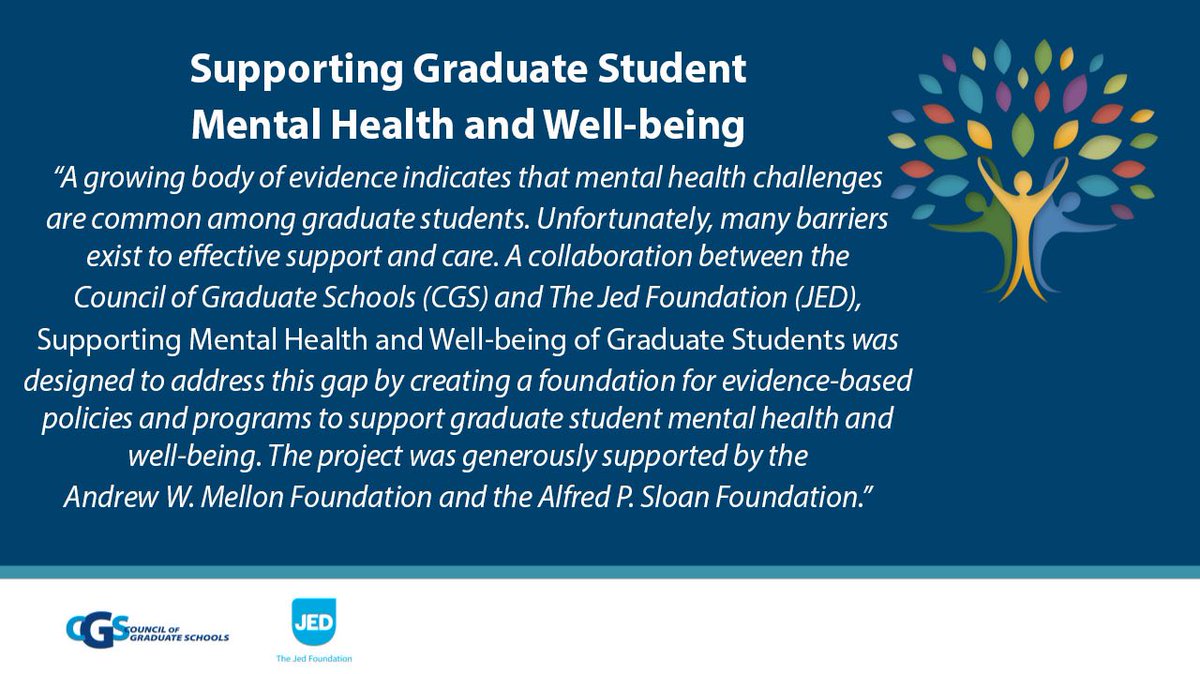 The <a href="/CGSGradEd/">Council of Graduate Schools</a> &amp; <a href="/jedfoundation/">JED</a> released evidence-informed recommendations and resources to inform future policies, programs and resources &amp; support #gradstudent mental health &amp; well-being, w/ 150+ universities endorsing principles and commitments. bit.ly/3uxWanA