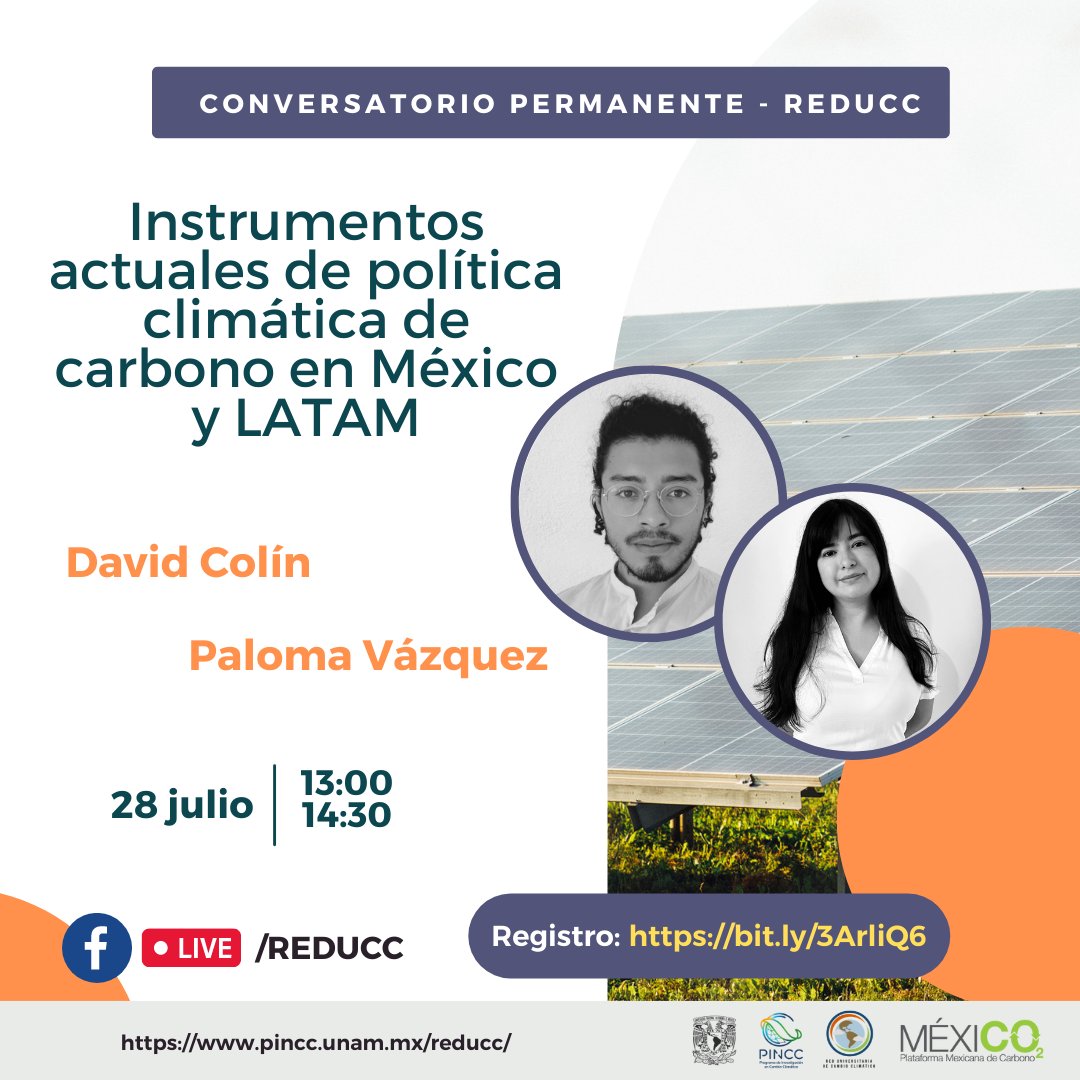Red Universitaria de Cambio Climático (REDUCC) (@reducc_unam) on Twitter photo Tuvimos un cambio de ponente para el conversatorio: “Instrumentos actuales de política climática de carbono en México y LATAM”.
Impartido por David Colín y Paloma Vázquez de <a href="/mexico2_pmc/">MÉXICO2</a> .
🗓 28 de julio de 2022 ⏰ 13:00 a 14:30 hrs.
Regístrate: bit.ly/3ArliQ6 Tuvimos un cambio de ponente para el conversatorio: “Instrumentos actuales de política climática de carbono en México y LATAM”.
Impartido por David Colín y Paloma Vázquez de <a href="/mexico2_pmc/">MÉXICO2</a> .
🗓 28 de julio de 2022 ⏰ 13:00 a 14:30 hrs.
Regístrate: bit.ly/3ArliQ6