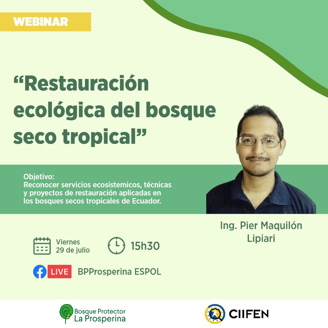 Te invitamos este viernes 29 de Julio a las 15h30 a nuestro #Webinar 🌳 "Restauración ecológica del bosque seco tropical" con el expositor: Ing. Pier Maquilón Lipari; a través de nuestro Facebook Live. 🔴
¡No te lo puedes perder!
¡Te esperamos!✨
