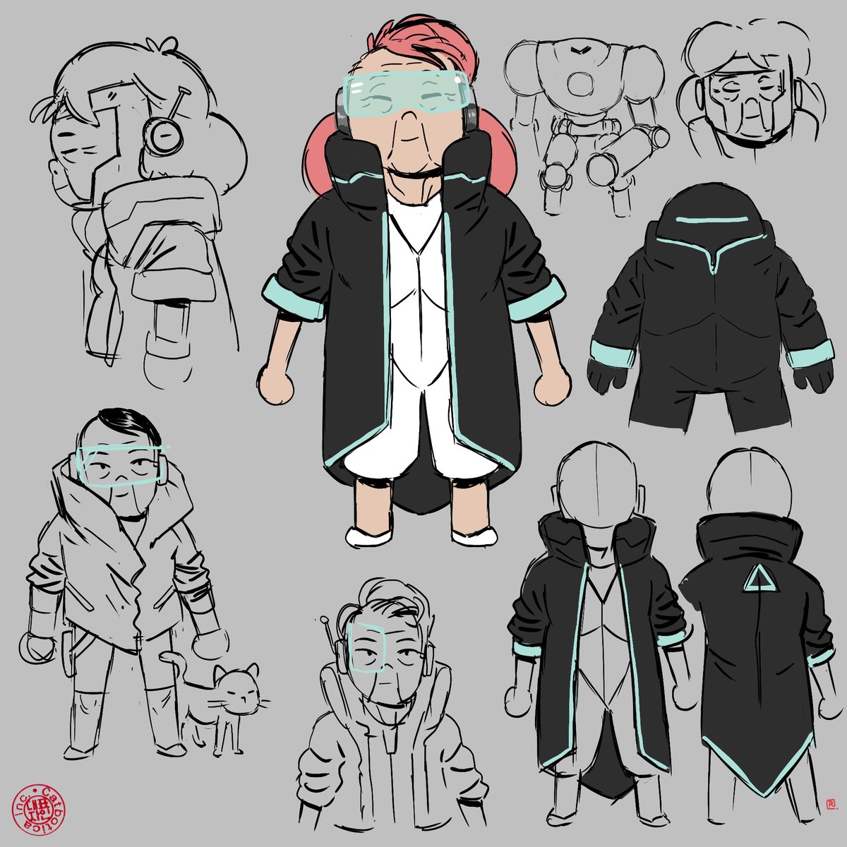 Some early concept designs for Mildred. #Catbotica #characterart #characterdesign