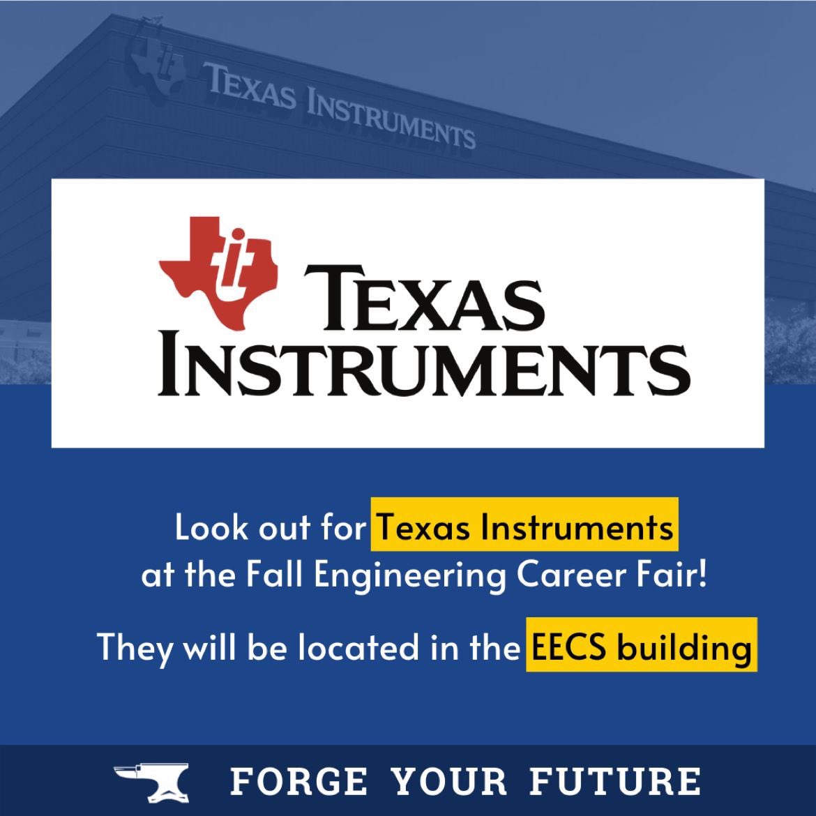 Officially announcing the first company attending the 2022 Career Fair: Texas Instruments will be in the EECS building on Monday, September 12. Thank you to Texas Instruments for being a #cf22 platinum sponsor. 

We’ll preview another platinum sponsor Friday!