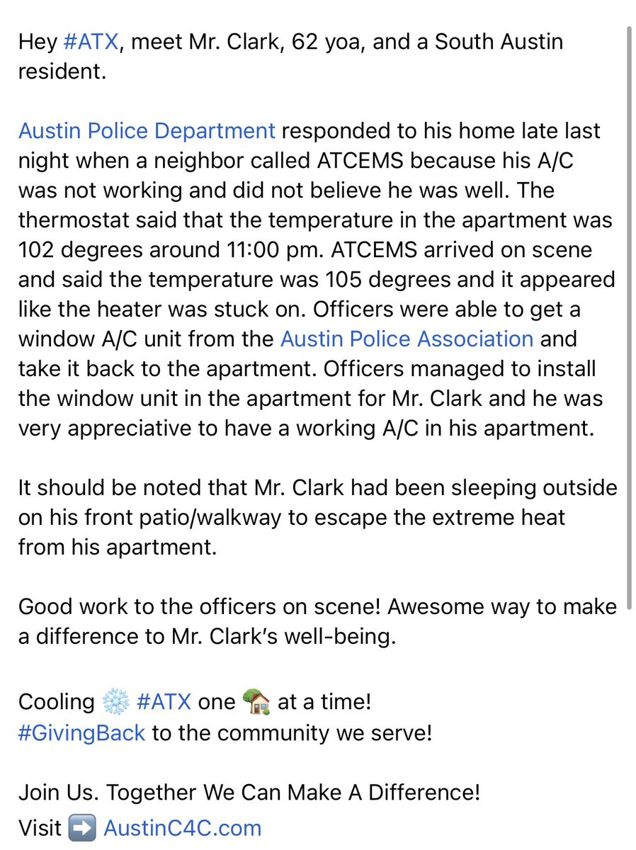Hey #ATX, meet Mr. Clark, 62 yoa, and a South Austin resident.

<a href="/Austin_Police/">Austin Police Department</a> officers assisted Mr. Clark last night by installing a AC unit in his apartment.

Cooling ❄️ #ATX one 🏡 at a time!
#GivingBack to the community we serve!

Join Us. Together We Can Make A Difference!