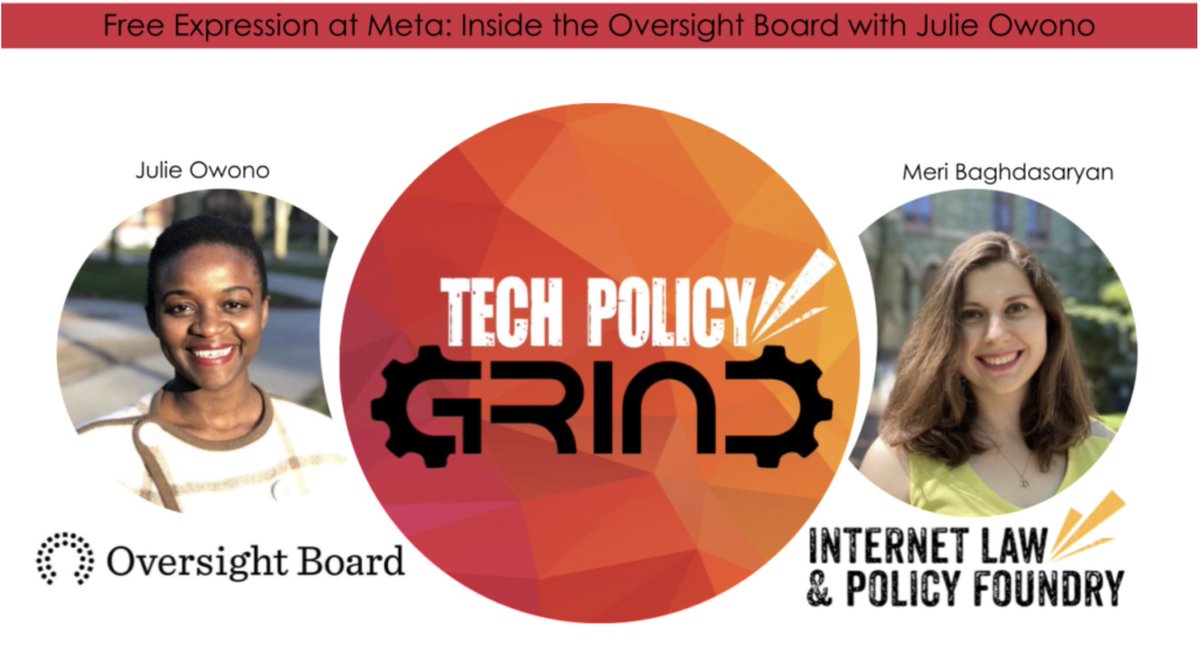 The Foundry (@ilpfoundry) on Twitter photo 🚨HAPPENING TOMORROW🚨
Get excited about our next #TechPolicyGrind episode with Class Four #ILPFoundry Fellow <a href="/Meri_Bagh/">Meri Baghdasaryan</a> as she interviews <a href="/JulieOwono/">JulieOw@mstdn.social</a> — an inaugural member of the <a href="/OversightBoard/">Oversight Board</a>— on #freespech!
Tune in wherever you get your #podcasts. 🚨HAPPENING TOMORROW🚨
Get excited about our next #TechPolicyGrind episode with Class Four #ILPFoundry Fellow <a href="/Meri_Bagh/">Meri Baghdasaryan</a> as she interviews <a href="/JulieOwono/">JulieOw@mstdn.social</a> — an inaugural member of the <a href="/OversightBoard/">Oversight Board</a>— on #freespech!
Tune in wherever you get your #podcasts.