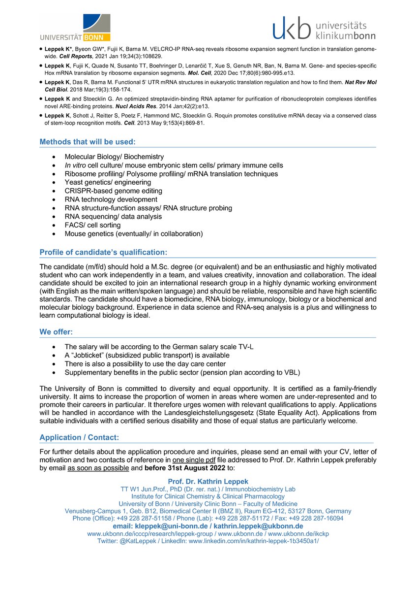 Kathrin Leppek (@katleppek) on Twitter photo 📢 Job(s) Alert 📢
There are 3 funded PhD positions in our new lab <a href="/UniBonn/">Rheinische Friedrich-Wilhelms-Universität Bonn</a> <a href="/UniklinikBonn/">Uniklinik Bonn</a>, Germany, available with a focus on #RNA, #ribosome biology and innate #immunology. Please see the ad for more info.
Please do not hesitate to get in touch with me: kleppek@uni-bonn.de 📢 Job(s) Alert 📢
There are 3 funded PhD positions in our new lab <a href="/UniBonn/">Rheinische Friedrich-Wilhelms-Universität Bonn</a> <a href="/UniklinikBonn/">Uniklinik Bonn</a>, Germany, available with a focus on #RNA, #ribosome biology and innate #immunology. Please see the ad for more info.
Please do not hesitate to get in touch with me: kleppek@uni-bonn.de