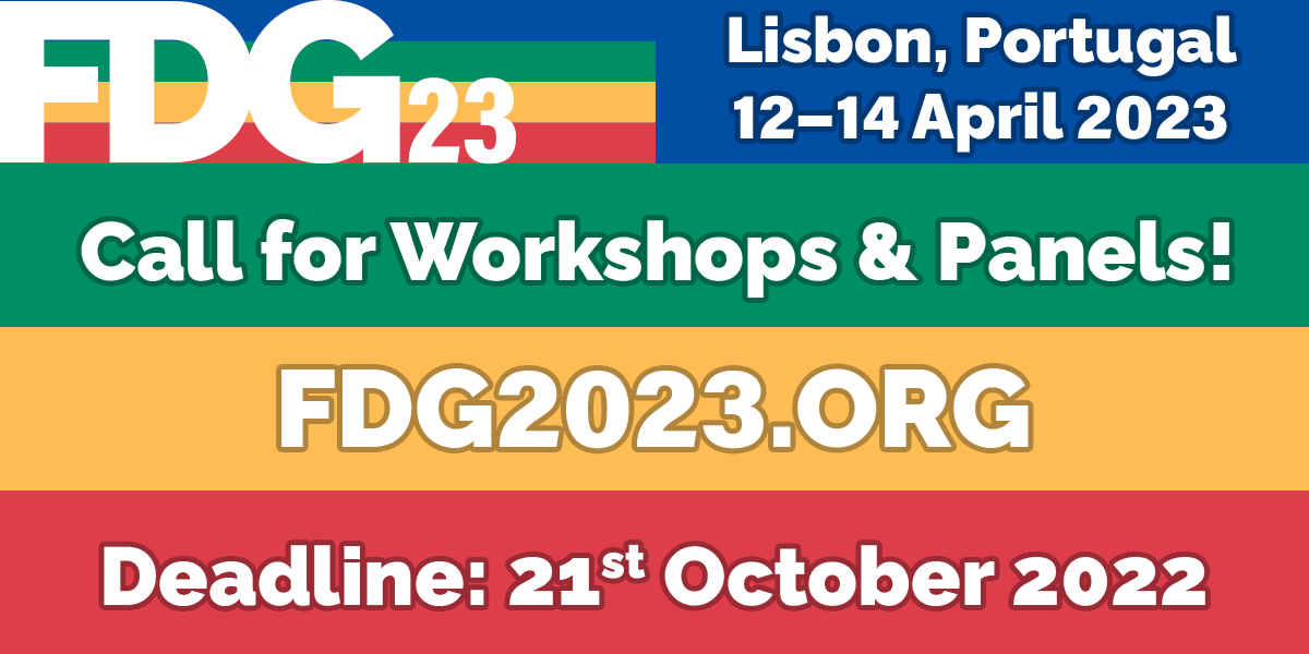Though <a href="/FDGconf/">FDG 2023 Conference</a> '22 is still more than a month away, we're opening submissions for #FDG2023!

First deadline is October 21 for Workshops &amp; Panels! More information at the website:
fdg2023.org/tracks/#worksh…
fdg2023.org/tracks/#panel-…

For the general CFP check: fdg2023.org/calls/