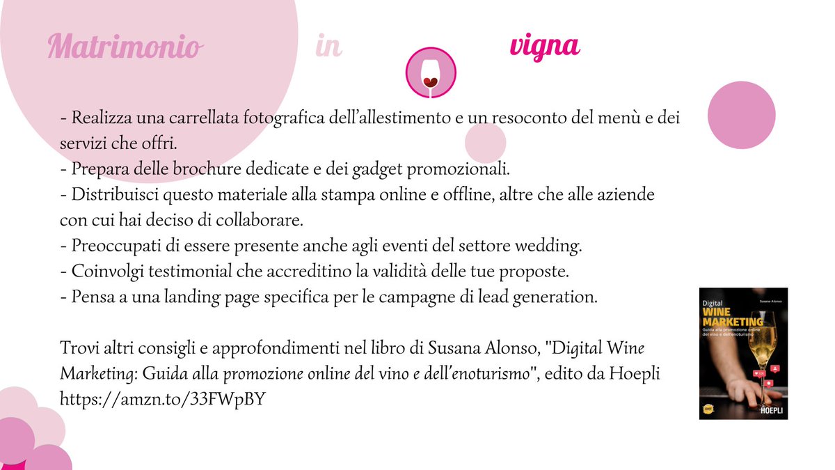 sorsidiweb's tweet image. #DigitalWineMarketing #DigitalTip Sposarsi in cantina
Se decidi di ospitare matrimoni in cantina, dovrai fare una certa promozione online. Come per l’offerta enoturistica in generale, anche il matrimonio in cantina va comunicato adeguatamente. Ecco alcuni tip per la tua location
