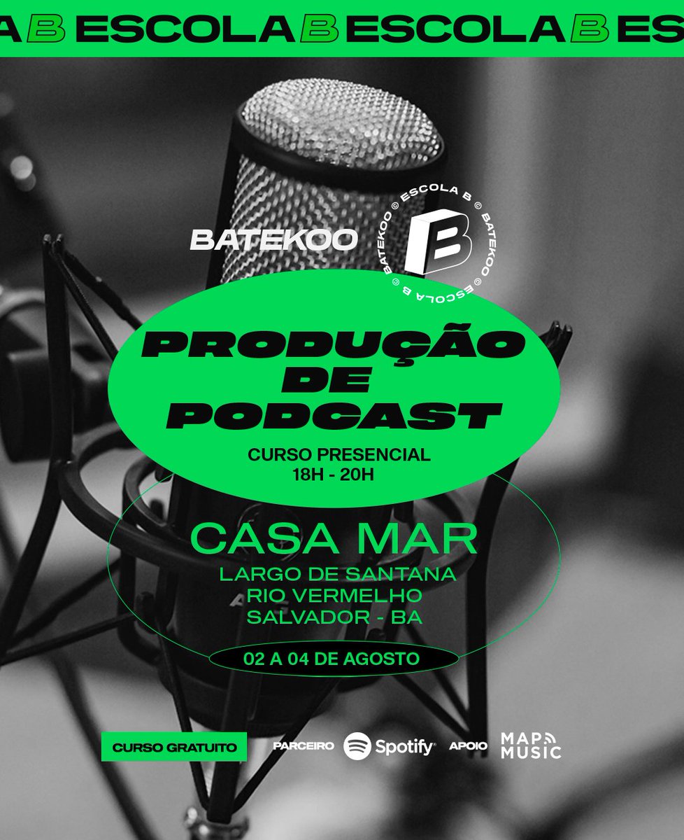 batekoo's tweet photo. Entre 2 e 4/8, a #EscolaB promove o curso ‘Produção de Podcast’ em parceria com o @SpotifyBrasil
 
As aulas serão ministradas pela Mônica Honoratto, Creator Partner Manager no Spotify.  As aulas são presenciais, na Casa MAR em Salvador, das 18h às 20h.
 
#BATEKOONoSpotify #curso https://t.co/VkB1cjSH85