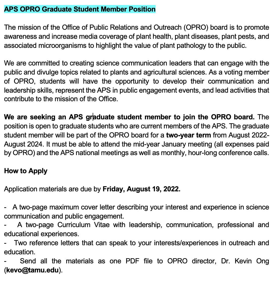 Melissa Molho (@melissamolho) on Twitter photo Hey <a href="/plantpathgrads/">APS Graduate Student Committee</a>! Do you love plant pathogens & science communication? The APS OPRO board is looking for a Graduate Student Member! See๐ & stop by OPRO booth #PlantHealth22 <a href="/plantdisease/">The American Phytopathological Society</a> OPRO is the perfect place for you to grow and bloom as a plant path communicator!๐ฑ๐ฆ ๐ Hey <a href="/plantpathgrads/">APS Graduate Student Committee</a>! Do you love plant pathogens & science communication? The APS OPRO board is looking for a Graduate Student Member! See๐ & stop by OPRO booth #PlantHealth22 <a href="/plantdisease/">The American Phytopathological Society</a> OPRO is the perfect place for you to grow and bloom as a plant path communicator!๐ฑ๐ฆ ๐