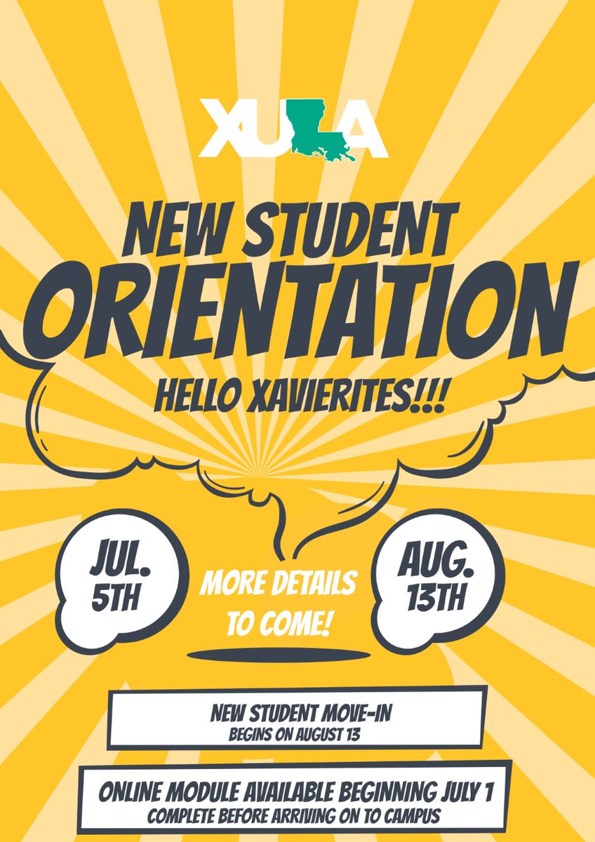 New student orientation is almost here Xavierites! We know @xula_pda is bringing the 🔥 for #XUorientation22

Be sure to complete the online modules before your arrival on campus. Move-in for incoming students begin August 13th. 

#XULA #eXcellence