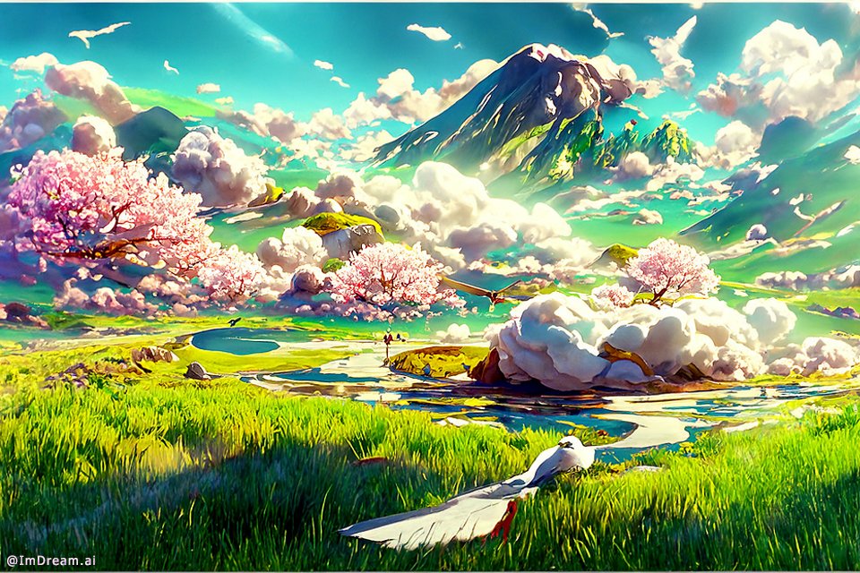 A landscape of a plain with forest, grass, ponds, mountains and some cherry blossoms tree
#DiscoDiffusion #discodiffusionv5 #discodiffusionart #AI #aiart #picoftheday #picofthedays #picoftheday📷 #manga #anime