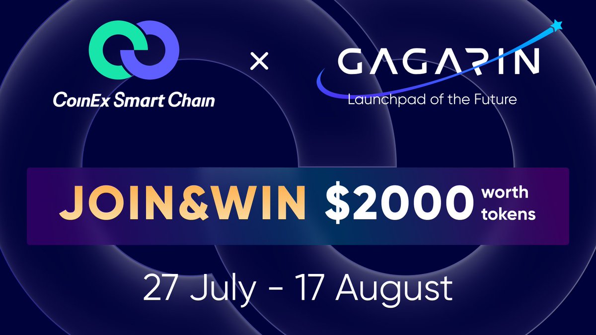 🥁 As part of the strategic partnership between <a href="/GAGARIN_World/">GAGARIN World</a> and <a href="/CoinEx_CSC/">CoinEx Smart Chain</a> we are launching a joint $2,000 #giveaway!

📆 July, 27 –  August, 17
🎁 $1000 worth $GGR and $1000 worth $CET
🏆 50 overall winners

 Complete tasks and win 👇
sweepwidget.com/view/60494-f2x…