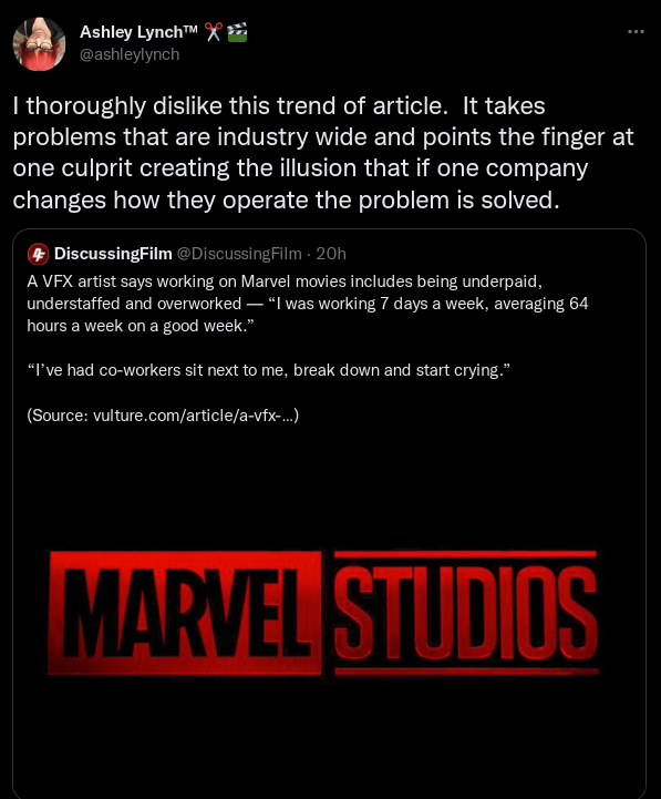 Pun_Trash's tweet photo. Unbelievable. VFX artists are coming out and talking about labor malpractice from the biggest media conglomerate in the world, and comic book movie dorks will still be like, "Well, it's not *JUST* Marvel! You shouldn't talk about *JUST* them!" https://t.co/VkC0swGGNy