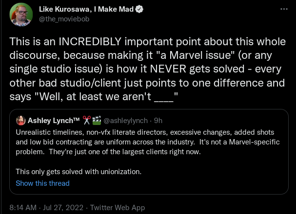 Pun_Trash's tweet photo. Unbelievable. VFX artists are coming out and talking about labor malpractice from the biggest media conglomerate in the world, and comic book movie dorks will still be like, "Well, it's not *JUST* Marvel! You shouldn't talk about *JUST* them!" https://t.co/VkC0swGGNy